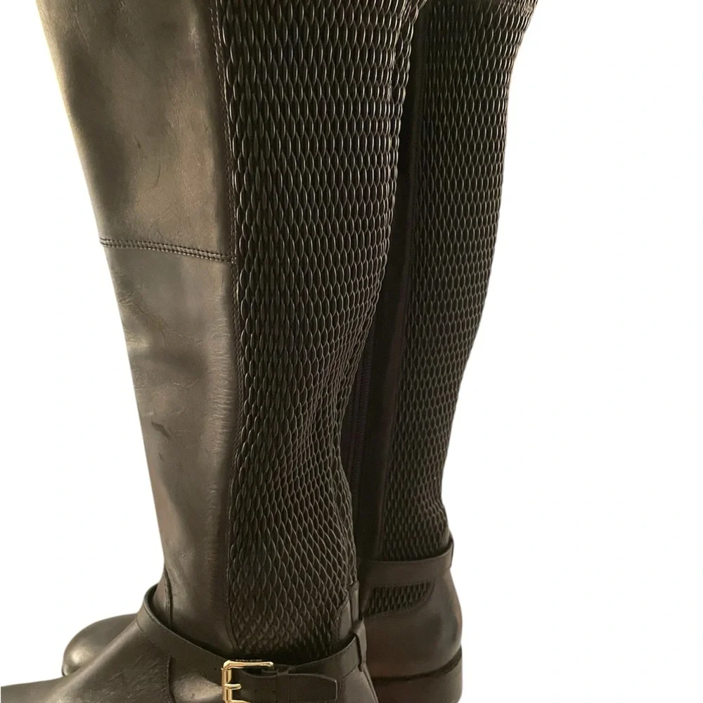 Cole Haan Tall Galina Leather Boots SZ 8 Stretch Back Gold Buckle Chunky Heel
